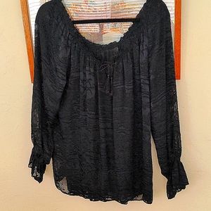 REDUCED - Black Sheer Flocked Peasant Blouse Size L - Price reduced to $9